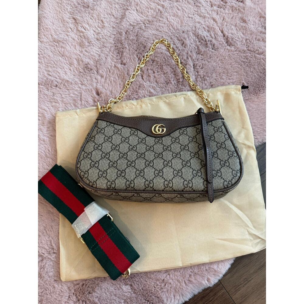 GG Style Monogram Canvas Shoulder Bag Web Strap Brown Chain Purse Two Way New